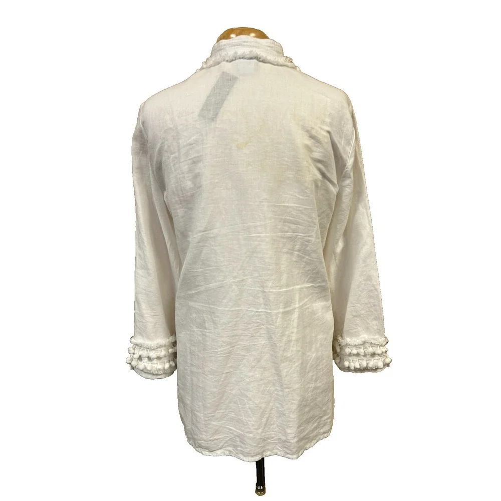Chico's SZ 1 White Linen Tunic Top Pompom + Fringe Accented‎ V-Neck 3/4 Sleeves